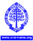 Picture logo for the Guild of One-Name Studies. Tree in a crest with web site address below.